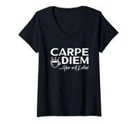 Damen Carpe Diem Aber erst Kaffee Motivation Kaffeejunkie Lustiges T-Shirt mit V-Ausschnitt