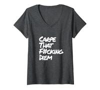 Damen Carpe That Fucking Diem | Nutze den Tag Latein Yoga Spruch T-Shirt mit V-Ausschnitt, Anthrazit Meliert, M