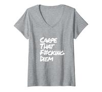 Damen Carpe That Fucking Diem | Nutze den Tag Latein Yoga Spruch T-Shirt mit V-Ausschnitt, Grau Meliert, L