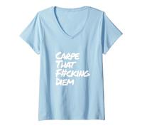 Damen Carpe That Fucking Diem | Nutze den Tag Latein Yoga Spruch T-Shirt mit V-Ausschnitt, Himmelblau, XXL