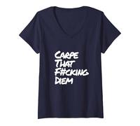 Damen Carpe That Fucking Diem | Nutze den Tag Latein Yoga Spruch T-Shirt mit V-Ausschnitt, Marineblau, XL