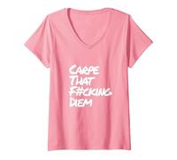 Damen Carpe That Fucking Diem | Nutze den Tag Latein Yoga Spruch T-Shirt mit V-Ausschnitt, Rosa, XL