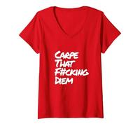 Damen Carpe That Fucking Diem | Nutze den Tag Latein Yoga Spruch T-Shirt mit V-Ausschnitt, Rot, S