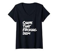 Damen Carpe That Fucking Diem | Nutze den Tag Latein Yoga Spruch T-Shirt mit V-Ausschnitt, Schwarz, S