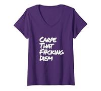 Damen Carpe That Fucking Diem | Nutze den Tag Latein Yoga Spruch T-Shirt mit V-Ausschnitt, Violett, XL