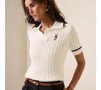 Damen Cartoon Bär besticktes Kurzarm Lässig Französisch Elegant Preppy Strick Top Schule Weiß Herbst Brunch Schule