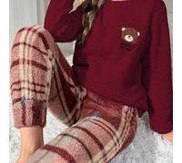 Damen Cartoon Bär Stickerei Rundhals Langarm Top und Patch Fleece Hose Flauschiger Pyjama Set Karomuster Hose Gemütliches Set Damen Teddybär Flauschig