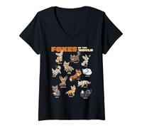 Damen Cartoon Foxes of The World Breeds Animals Lover Cute Fox T-Shirt mit V-Ausschnitt