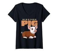 Damen Cartoon Hereford Schwein Bauernhof Tierliebhaber niedliche Schweine T-Shirt mit V-Ausschnitt