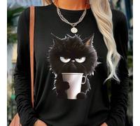 Damen Cartoon Schwarze Katze Brust Muster Lässiges, bequemes und vielseitiges Langarm T-Shirt Grafik Tees Damen Tops für den Frühling