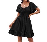 Damen Casual A-Linie Cape Ärmel Mini Wickelkleid Vintage Solid Farbe Freizeitkleid Urlaub Strand Hawaii Kleid Schwarz M