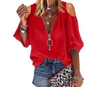 Damen Casual Cold Shoulder Shirt V-Ausschnitt Reißverschluss Kurzarm Bluse Tops Damen Tops Sommer Sexy Schulterfrei Kurzarm Bluse T-Shirts Kurzarm V-Ausschnitt Schulterfrei Reißverschluss T-Shirt