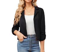 Damen Casual Cropped Blazerjacke 3/4 Ärmel Offene Blazer kurz Leicht Jacke Business Mantel Strickjacke Cardigan S Schwarz-Anzugstoff CL2584A23-01
