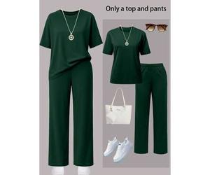 Damen Casual Einfarbig Rundhals Kurzarm Top und Elastische Taille Taschen Weite Gerade Hose 2-teiliges Set, leichter, nicht transparenter Polyestersto
