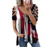 Damen Casual Lace Half Sleeve-Neck Zipper Aushöhlen T-Shirt Tops Blumendruck Casual Cool Shoulder Lace Strap Bluse T-Shirt Damen Sommer V-Ausschnitt T-Shirts Causal Short Sleeve Lace Tunic Tops