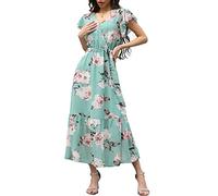 Damen Casual Midi Kleid Blumenwickel V-Ausschnitt Chiffon Kleider A-Linie Plissiertes Kleid mit Gürtel
