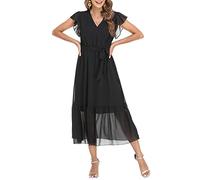 Damen Casual Midi Kleid Blumenwickel V-Ausschnitt Chiffon Kleider A-Linie Plissiertes Kleid mit Gürtel