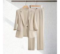 Damen Casual Pendler einfarbiger gefütterter locker geschnittener Einreiher Blazer mit 7/8 Ärmeln und gerade geschnittene Hose Set für den Frühling
