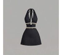 Damen Casual Urlaubs Alltags vielseitige Mode Ausgehkleid mit Quasten Muschel Dekor Neckholder Rückenfreies ausgestelltes A-Linien Minikleid, Apricot