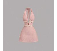 Damen Casual Urlaubs Alltags vielseitige Mode Ausgehkleid mit Quasten Muschel Dekor Neckholder Rückenfreies Swing A-Linie Minikleid, Apricot