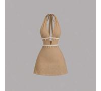 Damen Casual Urlaubs Alltags vielseitige Mode Ausgehkleid mit Quasten Muschel Dekor Neckholder Rückenfreies Swing A-Linie Minikleid, Apricot