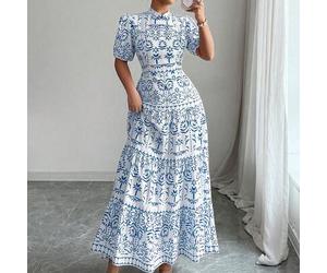 Damen Casual Urlaubs Puffärmel Allover Muster Kleid, Sommer Damen Sommerkleider Damen elegante Outfits Damen Casual Kleider Damen elegante Kleider Süß