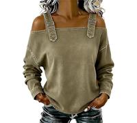 Damen Casual Washed Denim Cold Shoulder Schnalle Strap Langarm Bluse Schulterfrei Trägerlos Jeanshemd, khaki, L