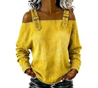 Damen Casual Washed Denim Cold Shoulder Schnalle Strap Langarm Bluse Schulterfrei Trägerlos Jeanshemd, gelb, M