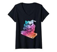 Damen Cat DJ Musik Plattenspieler Kitty Disc Jockey Party Pet Art T-Shirt mit V-Ausschnitt