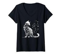 Damen Cat Pusteblume - Vintage Flower Graphic Cat Lover T-Shirt mit V-Ausschnitt