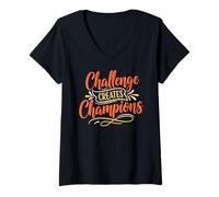 Damen Challenge Create Champion, Slogan, Motivation Typography T-Shirt mit V-Ausschnitt