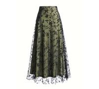 Damen Champagner Gold Floral Tüll Maxirock Hohe Taille Schwarz Samt Stickerei A-Linie Rock