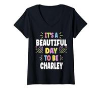 Damen Charley Personalized Name Beautiful Day Charley T-Shirt mit V-Ausschnitt