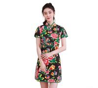 Damen Cheongsam, chinesischer Stil, modifiziertes kurzes Retro-Kleid, großes Blumenmuster, schmale Passform, Landebahn, Qipao, traditionelles Kleid (M, schwarz)