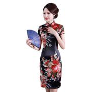 Damen Cheongsam Kleid - Sexy Satin-Frauen-Bankett-Partei-Kleid-Art- Und Weiseeleganter Sommer-Kurzschluss-Hülsen-Cheongsam-Split-Blume-Chinesisches Traditionelles Verbessertes Qipao, Schwarz, 4Xl
