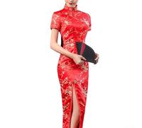 Damen Cheongsam Kurzarm, modifiziertes chinesisches Qipao langes Kleid, Retro-Druck, traditionelles chinesisches Kleid, elegante schmale Passform (L Rot)