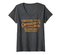 Damen Chester Copperpot's Schatzsuche Touren in Astoria T-Shirt mit V-Ausschnitt, Anthrazit Meliert, XL