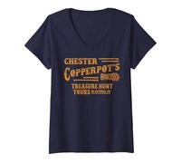 Damen Chester Copperpot's Schatzsuche Touren in Astoria T-Shirt mit V-Ausschnitt, Marineblau, XL
