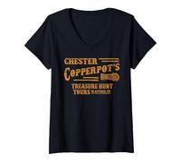 Damen Chester Copperpot's Schatzsuche Touren in Astoria T-Shirt mit V-Ausschnitt, Schwarz, XL