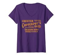 Damen Chester Copperpot's Schatzsuche Touren in Astoria T-Shirt mit V-Ausschnitt, Violett, XL