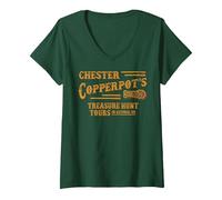 Damen Chester Copperpot's Schatzsuche Touren in Astoria T-Shirt mit V-Ausschnitt, Waldgrün, XL