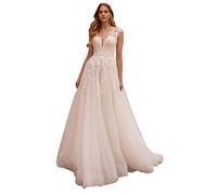 Damen Chffon Spitze Tüll Brautkleider Elegant Hochzeitskleider A-Linie Applikationen Brautmode Brautkleider(Elfenbein 12,50)