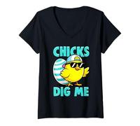 Damen Chicks Dig Me Lustige Osterküken Sonnenbrille Baseball Cap T-Shirt mit V-Ausschnitt