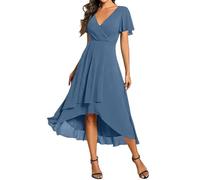 Damen Chiffon Abendkleid Rüschen-Ärmel V-Ausschnitt Hohe Taille A-Linie High Low Kleider Midikleid Ruffle Hem Knielanges Abendkleid Partykleid Ballkleider