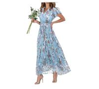 Damen Chiffon Blumen Maxikleid - Sommer Elegantes Boho Langes Fließendes Kleid Rüschenärmel V-Ausschnitt Urlaub Strand Outfit Hochzeitsgast Verlobung Cocktailparty, blau, L