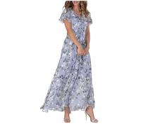 Damen Chiffon Blumen Maxikleid - Sommer Elegantes Boho Langes Fließendes Kleid Rüschenärmel V-Ausschnitt Urlaub Strand Outfit Hochzeitsgast Verlobung Cocktailparty, violett, S