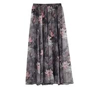 Damen Chiffon Blumen Strandrock Maxirock Langer Rock Gedruckter Chiffonrock Weich Glatt Dünn Cool für Sommer Rocklänge 80cm - Geblümt Lotus #26