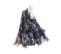 Damen Chiffon Blumen Strandrock Maxirock Langer Rock Gedruckter Chiffonrock Weich Glatt Dünn Cool für Sommer Rocklänge 90cm - Geblümt Schwarz & Weiß #25