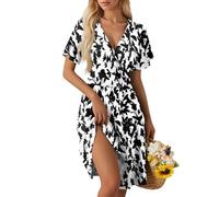Damen Chiffon Kleid Sommerkleid Damen V Ausschnitt Kurzarm Strandkleid Knielang Blumen A-Linie Kleid Loose Swing Freizeitkleid Summer Dress Tshirt Kleider Leicht und Luftig A Black L
