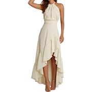 Damen Chiffon Maxikleid Hohe Taille Geraffter Saum Asymmetrisch Seitenschlitz Neckholder A-Linie Cocktail Party Kleid